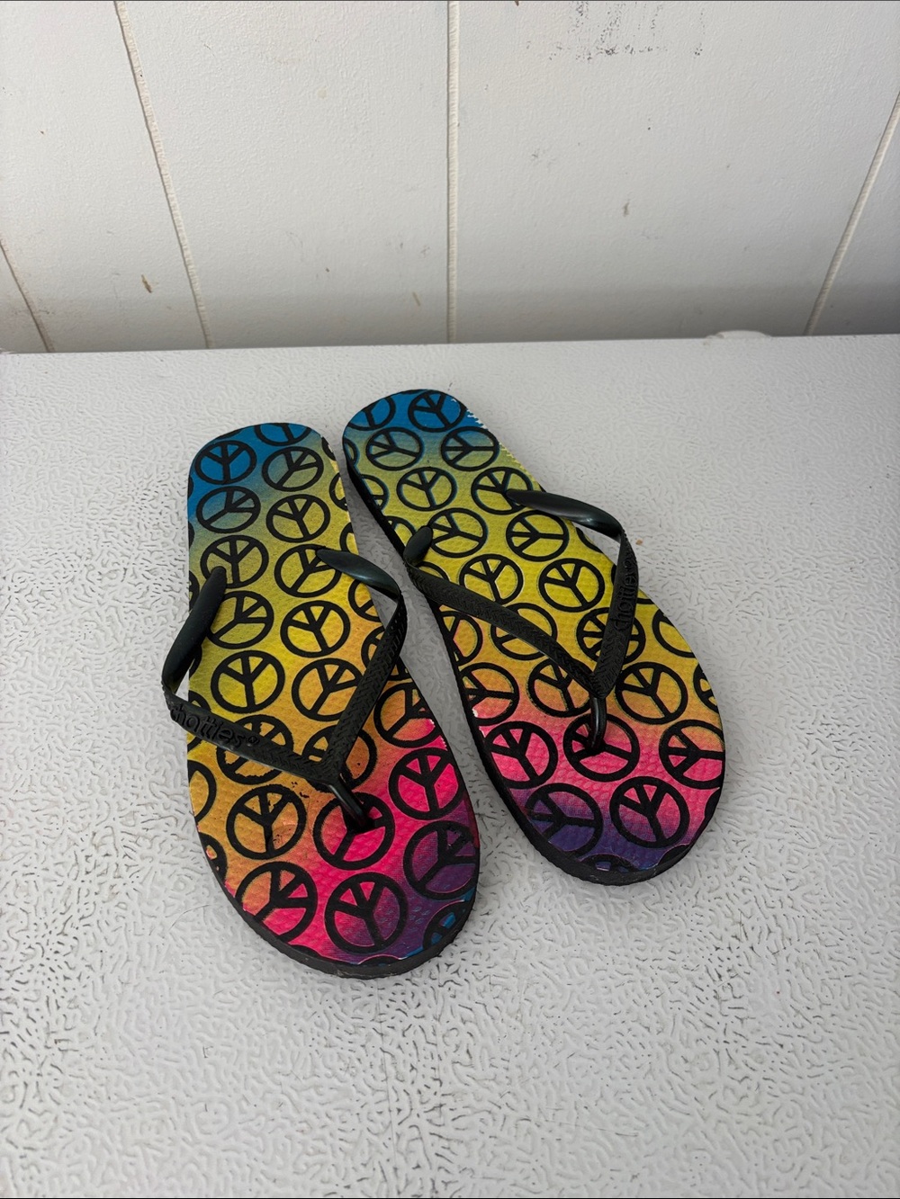 Rainbow Peace Sign Flip Flops - Black Straps